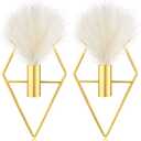 Peryiter 2 Pcs Boho Wall Decor Metal Gold Wall Art Hanging Planters with Artificial Pampas Modern Home Decor Display Art for Living Room Bedroom Bathroom(Rhombus)