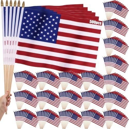 Tudomro 500 Pcs Small American Flag on Stick 12x18 In Mini Small US Flags Handheld with Safety Golden Spear Top 4th of July Decoration American Hand Held Stick Flags for Memorial Day