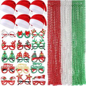 Shappy 60 Pcs Christmas Glitter Glasses Frame Santa Hat Green Silver Red Beaded Necklaces Christmas Photo Props Set Cute Christmas Party Costume Accessories for Xmas Party Holiday Gift