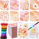 Funrous 24 Pcs Hippie Boho Coloring Books with 24 Stacking Crayons Set Stay Groovy Mini Coloring Book Peace Sign Vibe Bus Daisy Rainbow Activity Gifts for Groovy Birthday Party Supplies Decorations