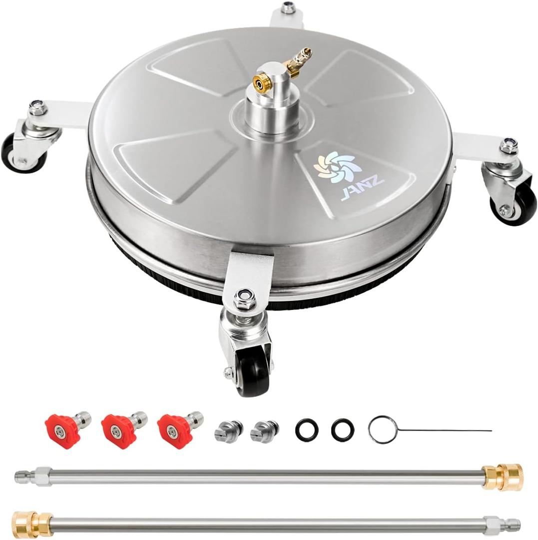 JANZ 16" Pressure Washer Surface Cleaner with 4 Wheels, Stainless Steel Housing, 1/4" Quick Plug, 2 Extension Wand Attachments, 2 Replacement Nozzles and 3 Spray Nozzles, 4000 PSI JANZ 16" Pressure Washer Surface Cleaner with 4 Wheels, Stainless Steel Housing, 1/4" Quick Plug, 2 Extension Wand Attachments, 2 Replacement Nozzles and 3 Spray Nozzles, 4000 PSI