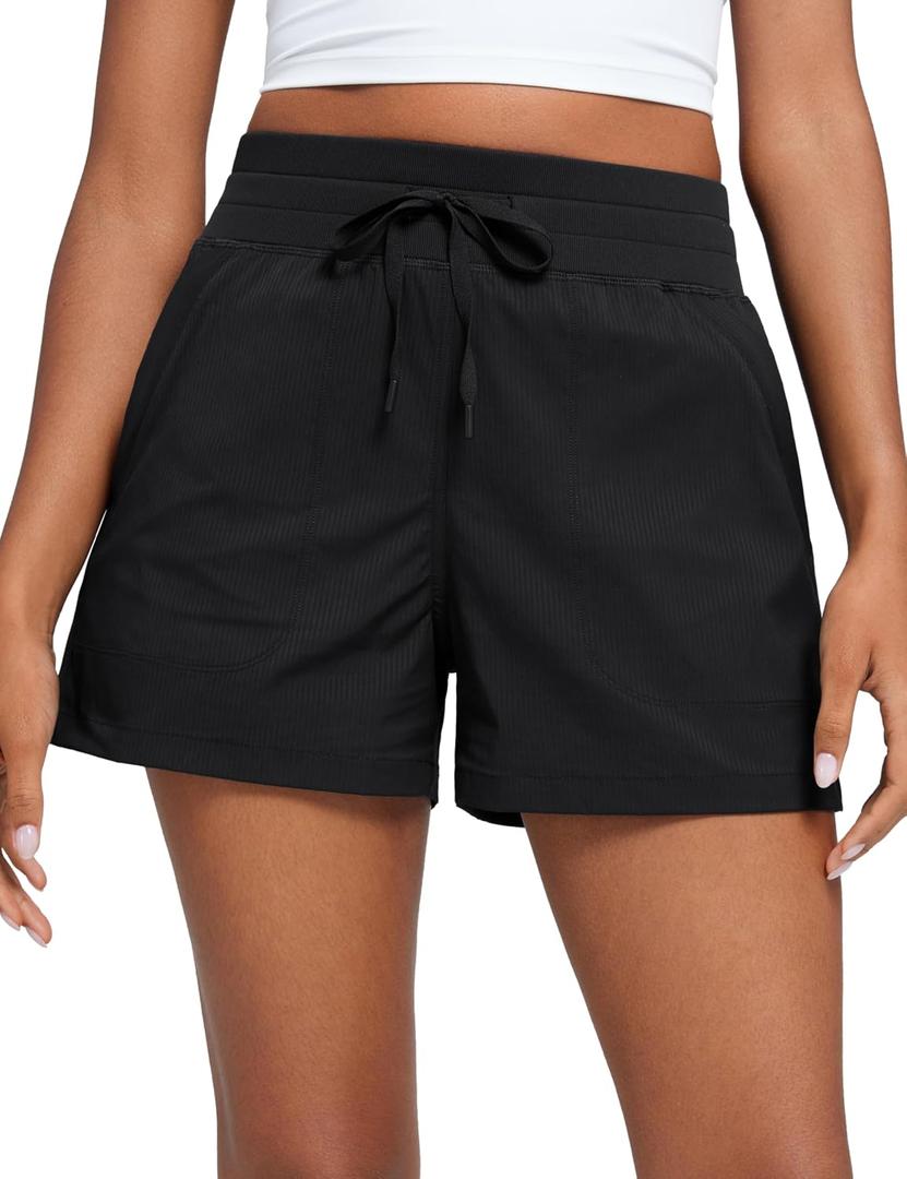 CRZ YOGA Lightweight Casual Shorts for Women 3.5" - High Waisted Linerless for Athletic Lounge Hiking with Zip Pockets (Black, L)