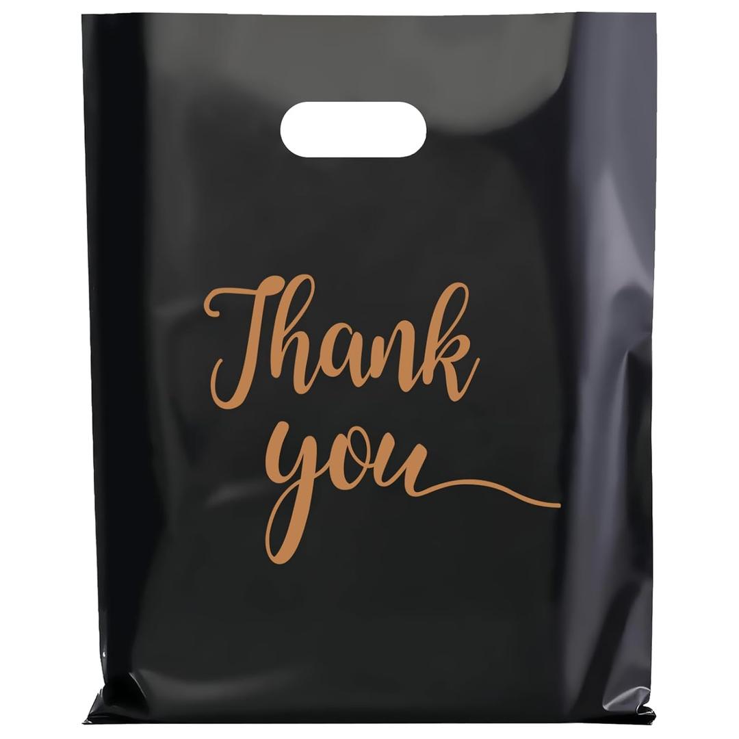 Gute 50 Pack Thank You Merchandise Bags, Extra Thick 2.36 Mil Wholesale Bulk Retail Shopping Bag,Reusable Plastic Boutique Shopping Bags With Handle (Black 9”x12”)