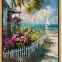 Local Beach House Framed Colorful Coastal 1 Piece Canvas Wall Art, 17.5" x 21.5", Gold Frame (21.5L" x 17.5W")