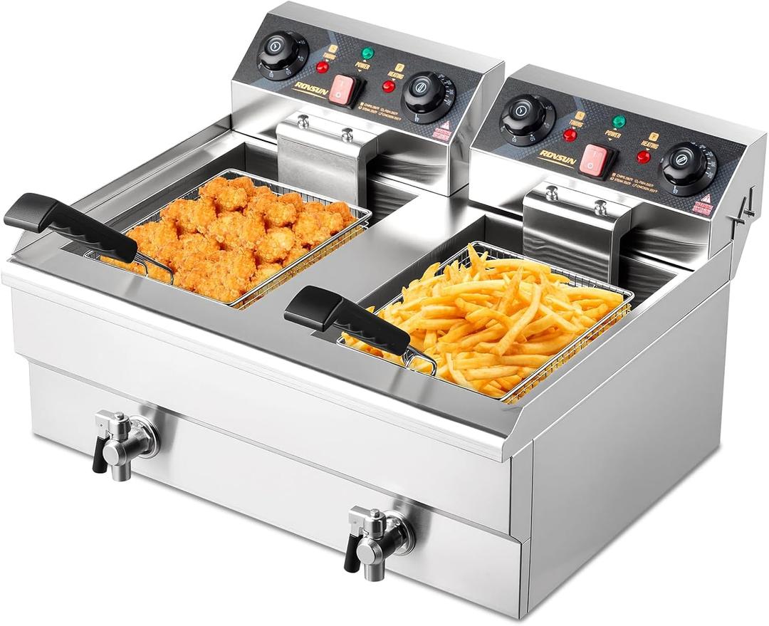 ROVSUN 24.9QT Electric Deep Fryer w/Frying Baskets Timer Drains & Lids, 3400W Dual Tank Kitchen Countertop Commercial Deep Fryer Frying Machine, Adjustable Temperature for Home Restaurant