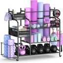 Mythinglogic Weight Rack for Dumbbells, Home Gym Storage for Yoga Mat Dumbbells Kettlebells and Strength Training Equipment, Dumbbell Rack with Wheels and Hanging Hooks (Black)