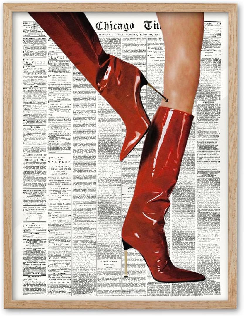 EcoHest Trendy Newspaper Red Boots Framed Wall Art, 12x16 in OAK Wood Fashion Icon Canvas Wall Art, Magazine Home Decor, Beige Logs Retro Set of 1 for Bedroom Living Room
