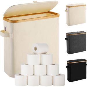 Toilet Paper Basket With Lid for Mega Rolls, Large Bamboo Organizer Holder Stand for Bathroom, Enclosed Tissue Storage Bin Box Container, Free Standing, Beige