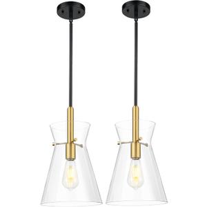 Emak Modern 9 Inch Black and Gold Pendant Lights Kitchen Island, 2 Pack Large Pendant Light with Clear Glass Shade, Farmhouse Island Lights for for Kitchen, Dining Room, Bathroom, PL130-BKBGD-CG-2PK