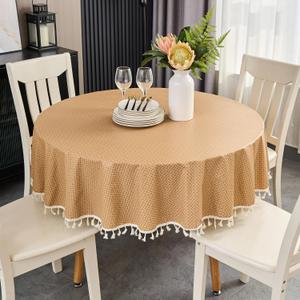 LIBERECOO Round Vinyl Tablecloth, Tassel Edge, 48 Inch | 100% Waterproof Oil-Proof Table Cloth for Indoor Dining and Outdoor Picnic, Flannel Backed Wipeable Durable Reusable