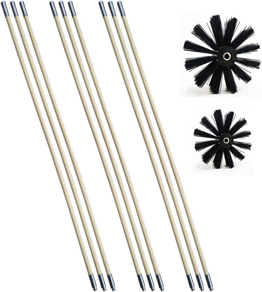 Chimney Cleaning Brush Dryer Duct Cleaner 2-in-1 Kit Fireplace Drier Vent Lint Sweeping Tools 18' Flexible Rods Rotary System Working with or Without Drill