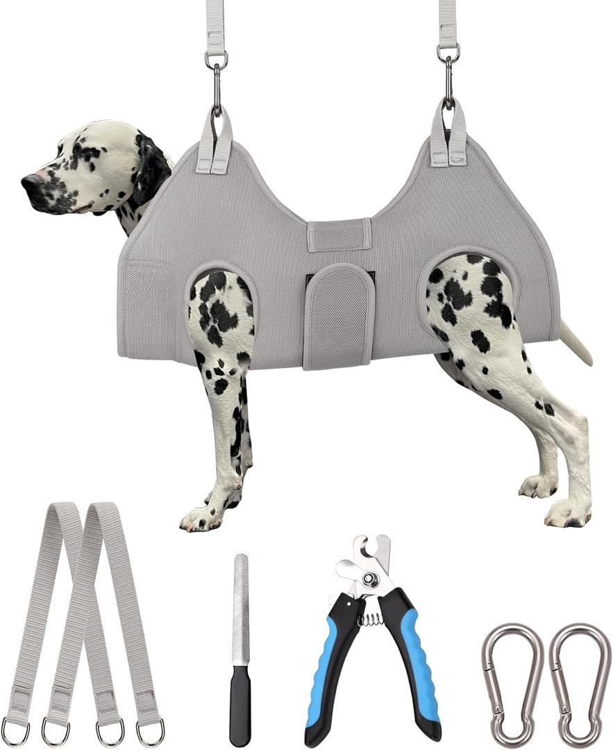 Dog Grooming Hammock,XX-Large Hammock for Nail Trim, Hanging Harness for Nail Trimming,Dog Sling Restraint Holder for Pet Grooming Suspension Hanger with Thick Fabric Neck Support (XXL (120 LB Max) Silver Grey 16-27in)