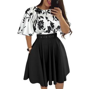 CHICME Women's Summer 2 Piece Outfits Floral Waist Shirred Crop Top and A Line Mini Skirt Set Dressy Casual Outfits (L)