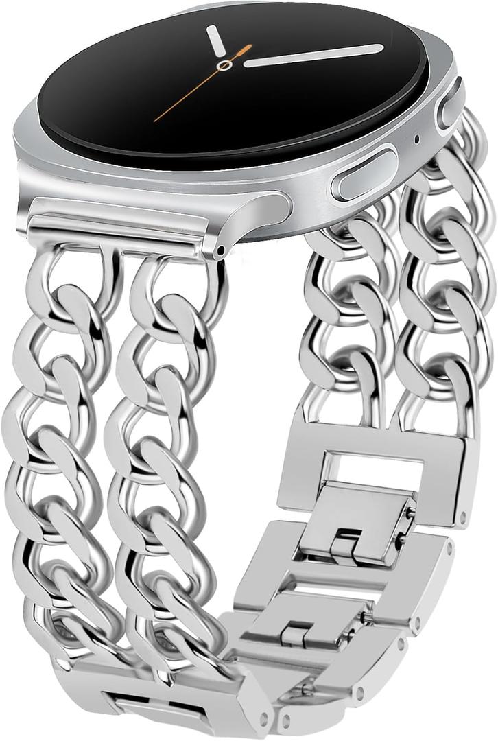 Gold Metal Bracelet Band Women 20mm Adjustable Single Chain Compatible with Samsung Galaxy Watch 7/6/5/4/Active 2/4 Classic/6 Classic/5 Pro/FE 40mm 42mm 43mm 44mm 45mm 46mm 47mm (No Case) (C3 Silver (Watch 8), Silver