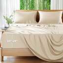 Shilucheng 100% Viscose Derived from Bamboo_Sheets, Extra Deep Pocket Sheets Fits 18"-24" Thick Mattress, Cooling & Breathable Bed Sheets 4Pcs, Hotel Silky Bedding Set (King,Beige)