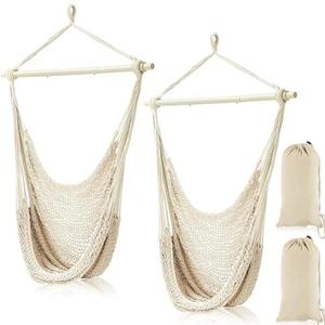 Barydat 2 Pcs Hanging Hammock Chair Boho Swing Chair Indoor Outdoor Cotton Rope Weaving Chair with 40 Inch Detachable Metal Bars for Backyard Living Room Bedroom Garden(Beige)