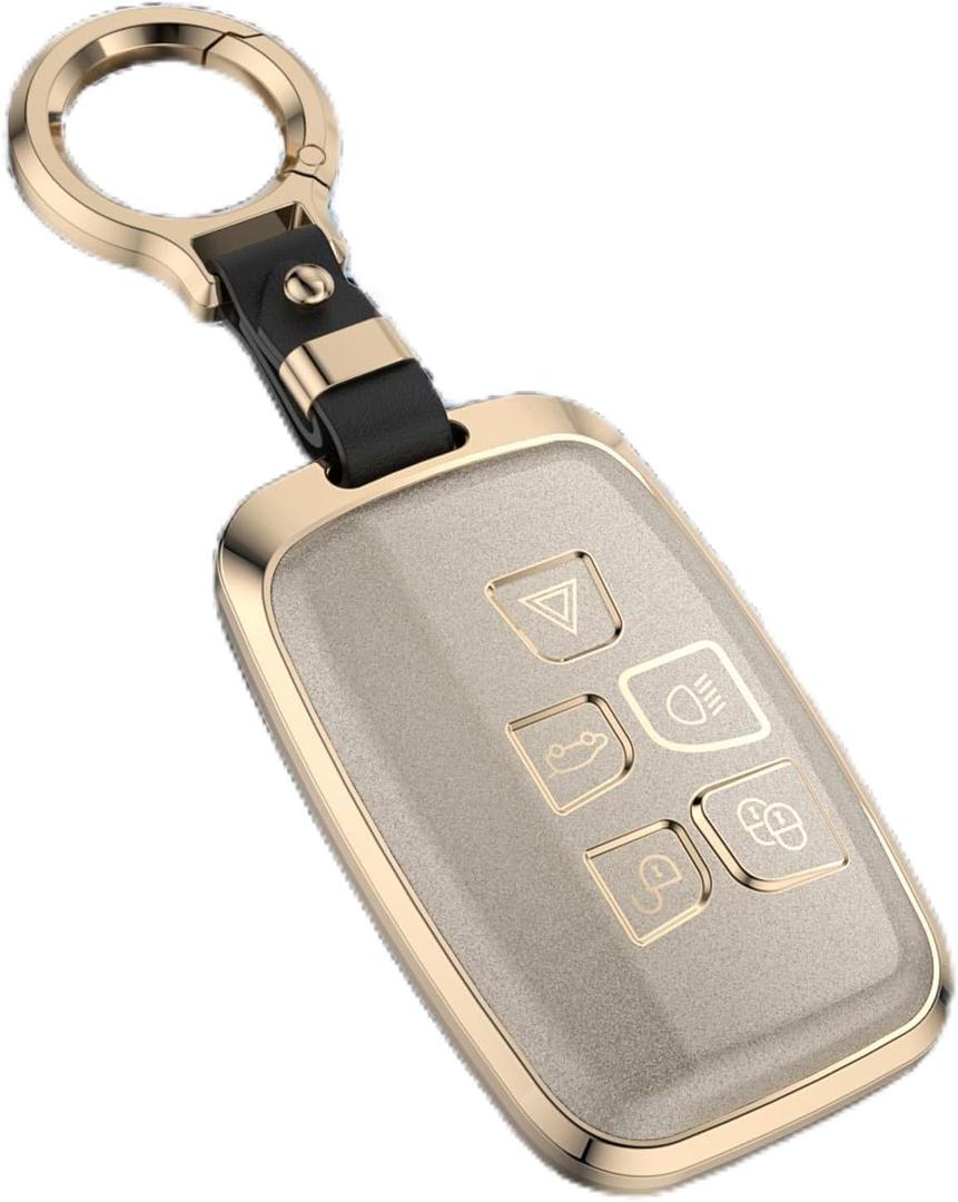 Key Fob Cover for Range Rover 5 Buttons Aluminium Alloy Car Key Case with Key Ring for L-and Rover Discovery Sport Defender Evoque Velar Jaguar XF XE XJ XJL F-pace F-Type,Gold