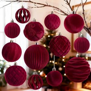 18Pcs Velvet Christmas Tree Ornaments Set, Wine Red Flocked Hanging Christmas Balls Ornaments, Shatterproof Decorative Hanging Balls Decorations Assortment for Xmas Tree Holiday Home Party Decor (Burgy)