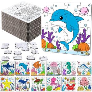 Realspring 24 Pack Under The Sea Color Your Own Jigsaw Puzzles for Kids 3-5, 4-6, 6-8, Coloring Crafts DIY Paper Puzzles Party Favors Gifts for Toddler Children Learning Education Toys