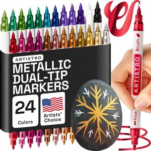 ARTISTRO 24 Metallic Dual-Tip Acrylic Paint Markers - Brush + Fine Tip Combo - Multi-Surface Shiny Paint Pens