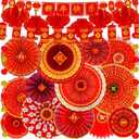 Winlyn 22 Pcs Bulk Chinese Lunar New Year Party Decorations Red Lanterns Oriental Hanging Good Luck Paper Fans New Year Banner for Asian Vietnamese TET The Year of Horse Festival Wedding 2026 Decor