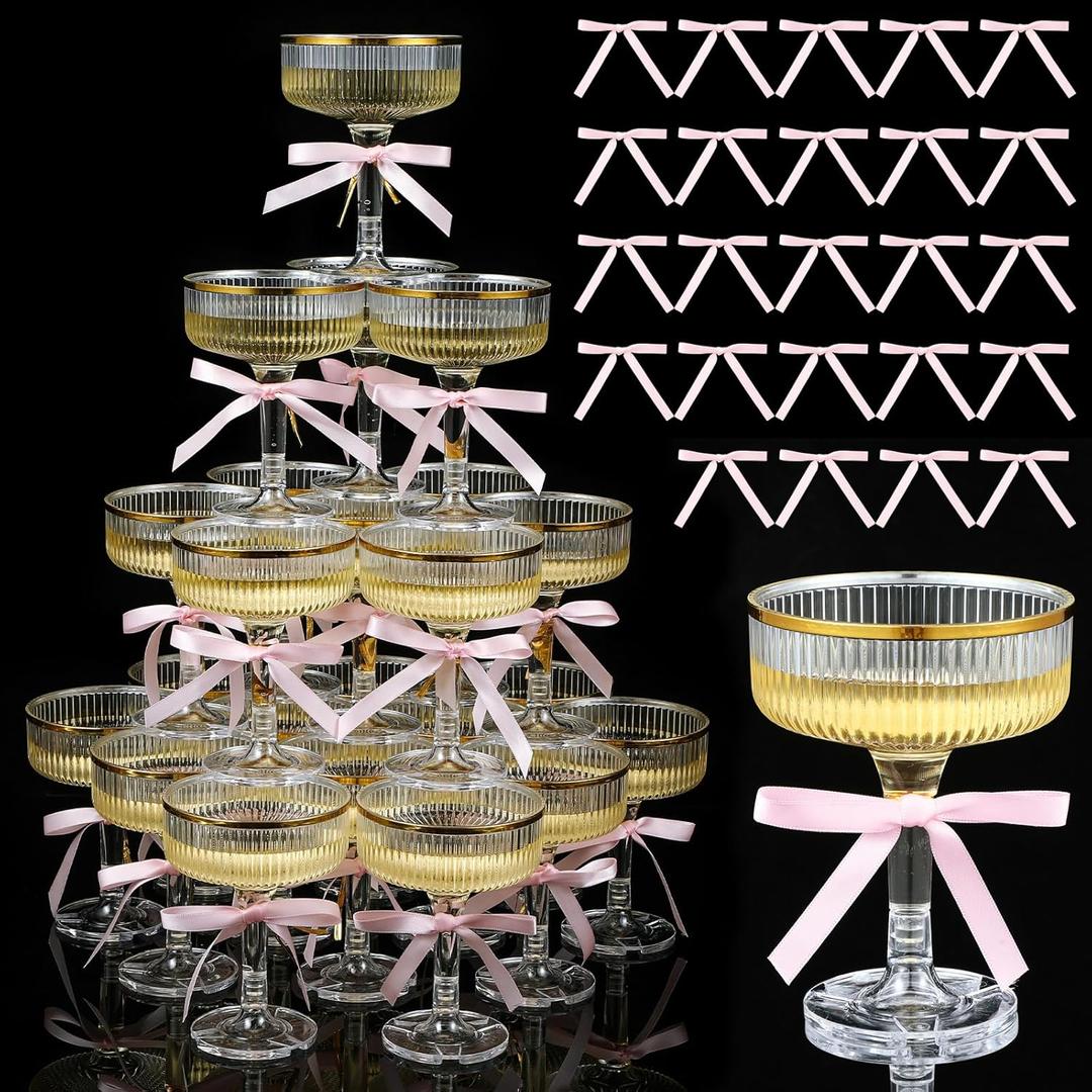 Set of 24 Plastic Champagne Coupe Glasses with Bow 7 oz Gold Champagne Tower Set Stackable Acrylic Ribbed Martini Glasses Cocktail Coupe Cup for Wedding Birthday Party Bar(Bowknot,Pink)