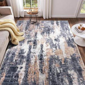 Area Rugs 4x6, Washable Rug for Living Room, Modern Abstract Brown Rug for Bedroom, Non Slip Foldable Low Pile Stain Resistant Carpet for Dining Room Bedside Dorm Nursery Decor, Blue Brown