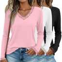 Oakgarden 3 Pack Long Sleeve Shirts for Women V Neck Lace Trim Loose Dressy Business Casual Top Blouse Fall Trendy Basic Tee(Pink, White, Black, Medium)