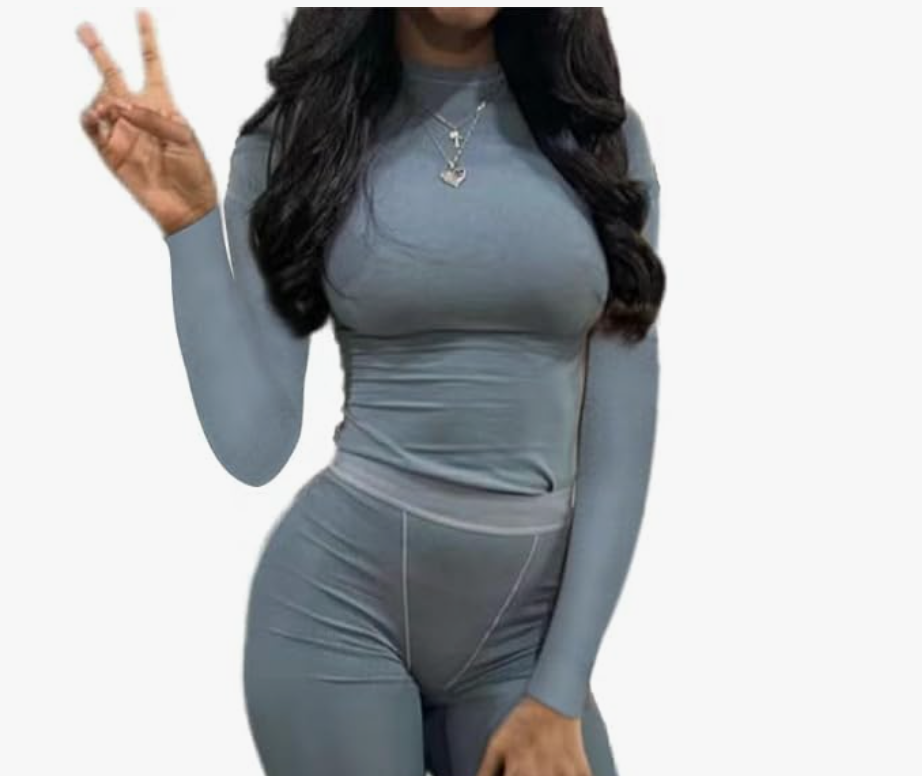 ZFLM Women’s Casual Workout Two Piece Outfits Crew Neck Ribbed Long Sleeved High Waist Short Matching Sets Streetwear L