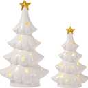 WDS WONDROUS Ceramic Christmas Tree White with Lighted Decor, 2 Pcs Christmas Trees Figurines with Lights, Small Xmas Tree with Star for Tabletop Mantel Shelf Fireplace (5.1x5.1x9.0in, White and Gold)