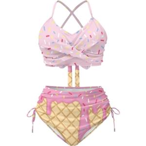 Womens High Waisted Bikini Sets Crisscross Back 2 Piece Swimsuit Tummy Control Swim Suit (Pink, XL)