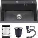 33x19 Drop in Kitchen Sink, 9 Deep Large Top Mount Single Bowl Sinks Nano Coating Stainless Steel Kitchen Laundry Room Sinks with Accessories (Black)