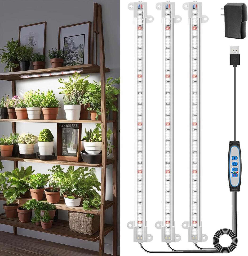 Wiaxulay LED Plant Grow Light Strips, 6000K White Grow Lights for Indoor Plants Full Spectrum, 3 Bars/16 in Grow Lamp with 6/12/16 Hrs Timer, 5 Brightness for Green House, Hydroponics, Seed Starting