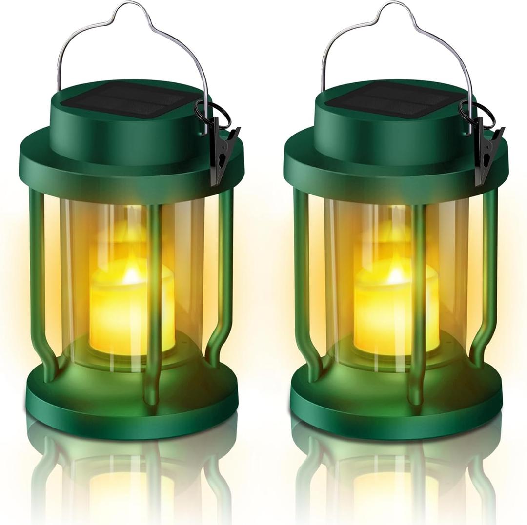Solar Lantern Outdoor & Indoor Use – Hanging Solar Lights with Realistic Flickering Flameless Candle, Weatherproof for Gardens, Patios, Trees, and Lawns (Green, 2 Pack)