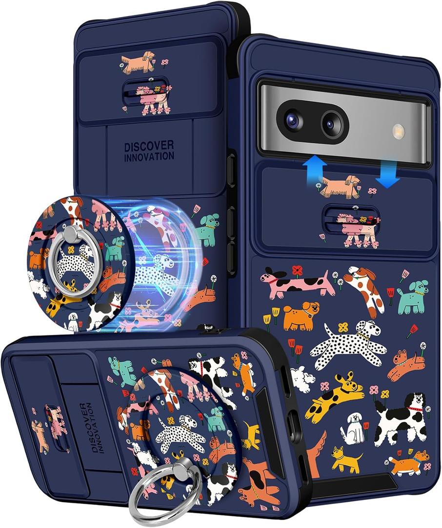 Buleens for Google Pixel 8A Case 6.1 Inch - with Ring Stand & Camera Cover Aesthetic Cute Designed for Women Girls Girly Cartoon Kawaii Dogs Unique for Pixel 8A Phone Case Compatible with Magsafe
