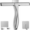 All-Purpose Stainless Steel Shower Squeegee for Shower Glass Door with 2 Adhesive Hooks, Bathroom Cleaner Tool Household Window Mirror Squeegee, Cleaning Tile Wall, Car, 10 Inch Silver