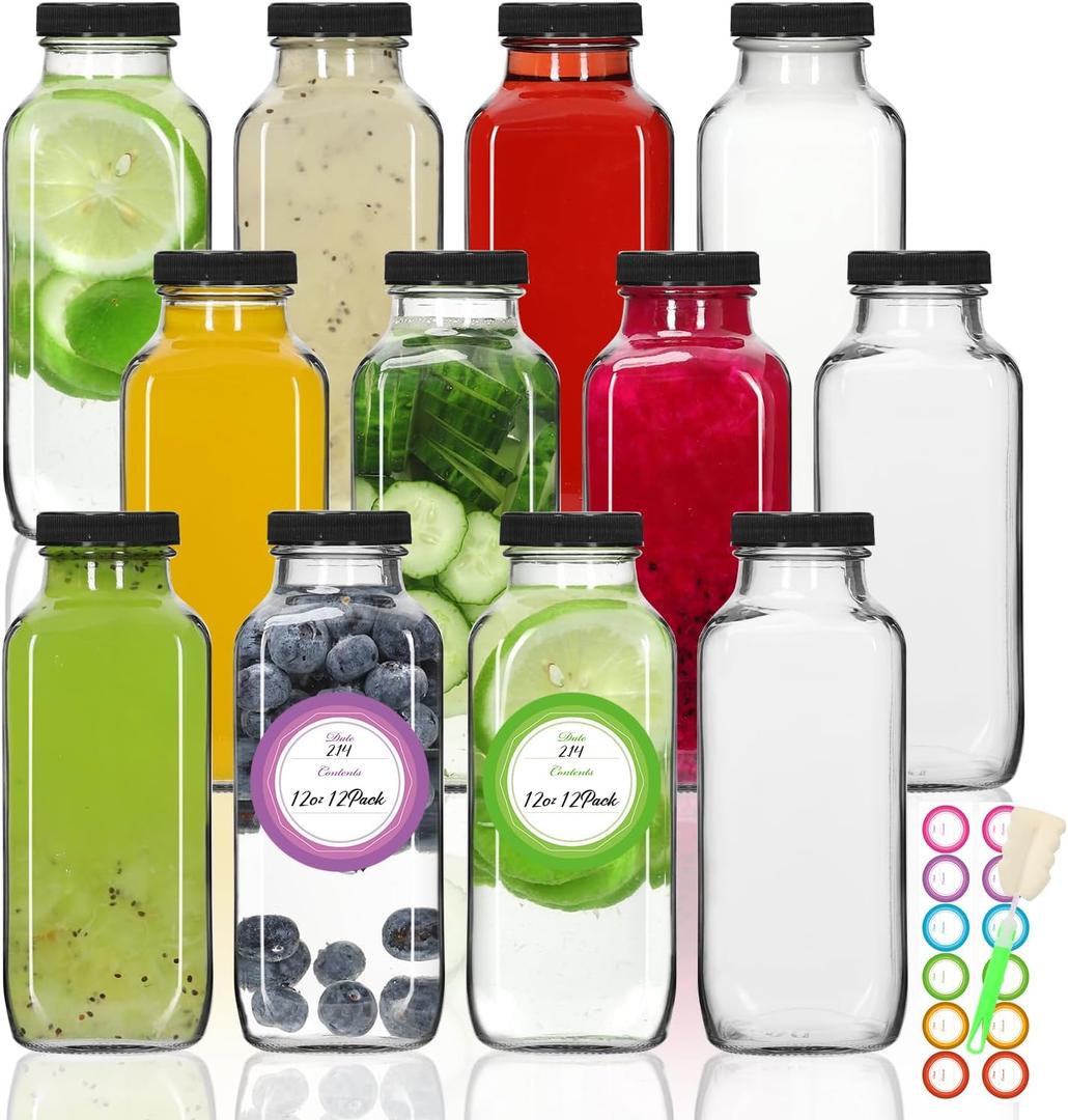 STARSIDE 12 oz Glass Juice Bottles with Lids 12 Pack - Square Reusable Drinking Jars for Juicing, Milk, Kombucha - Includes 1 Bottle Brush, 12 Colored Labels