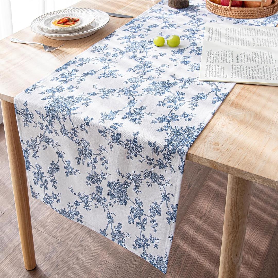 Blue Floral Runner for Table - 14 x 48 Inch - French Country Vintage Linen Table Runners 48 Inches Long for Holiday Kitchen Dining Wedding Home Party Decoraion,Vintage Floral