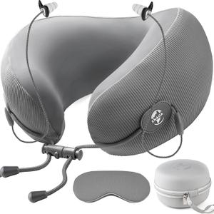Travel Pillow for Airplanes, Neck Pillow eases Neck and Shoulder Pain on Long Flights, Adaptive Memory Foam Sleep Support, Portable Carry Case, Eye Mask and Earplugs Travel Set(Grey I)