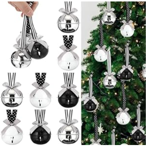 Jenaai 12 Sets Christmas Jingle Bells with Ribbon 2 Inch Black White Sliver Large Metal Cutout Craft Bells Hanging Ornaments for Christmas Tree Xmas Decoration Crafts Party Favors Stocking Stuffers