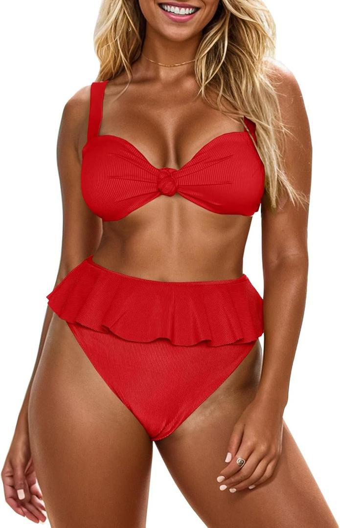 Saodimallsu Womens 2 Piece High Waisted Swimsuit Ruffle Bikini Sets Twist Knot Ribbed Bathing Suits (Large, Red)