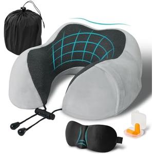 Travel Pillow, Memory Foam Neck Pillow for Traveling, U Shape Neck Pillow Airplane Portable Flight Pillow Travel Kit with 3D Contoured Eye Masks and Earplug for Plane Train Car Home Office - Grey