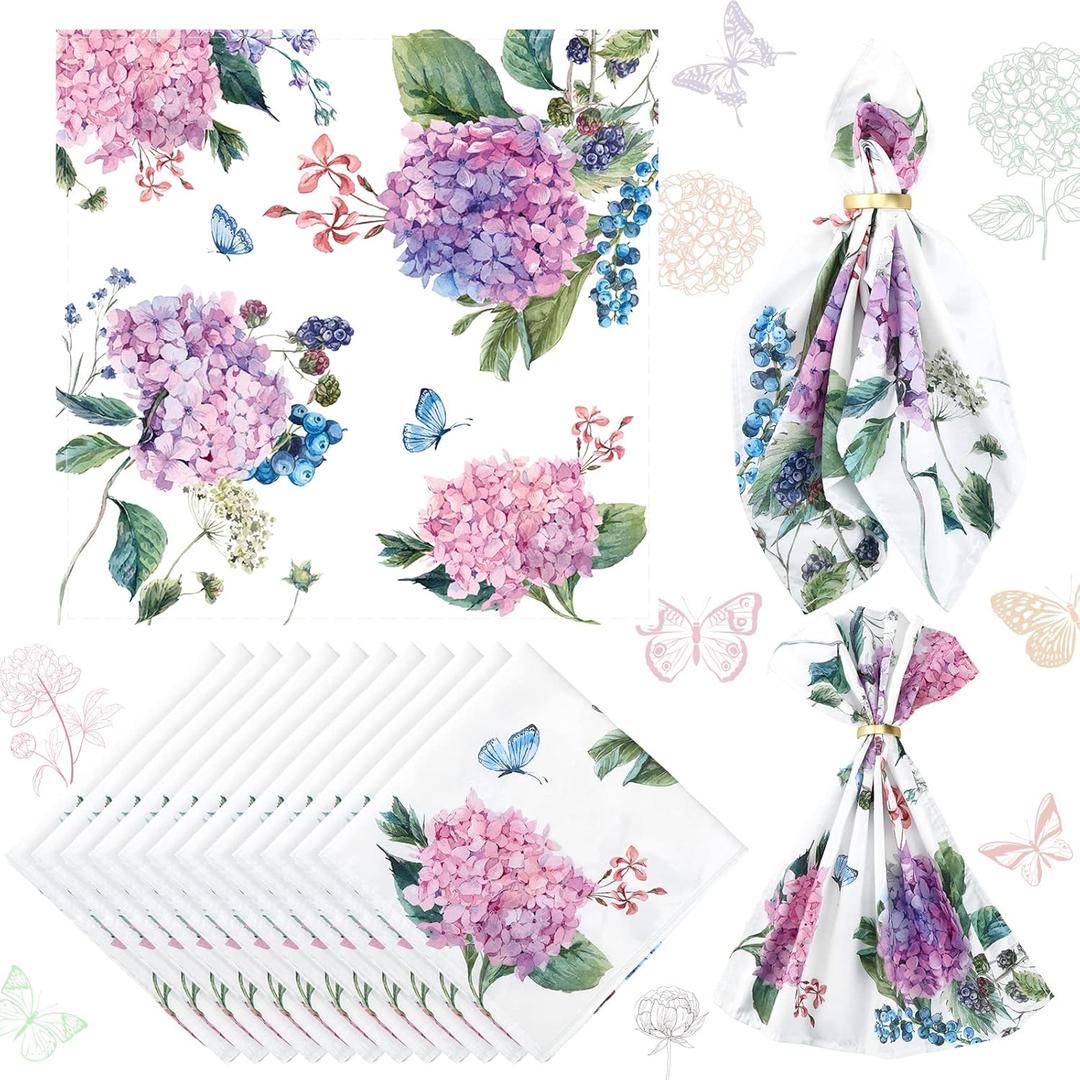 12 Pcs Hydrangea Flowers Cloth Napkins Floral Butterfly 20'' x 20'' Washable Dinner Tea Party Napkins for Kitchen Party Wedding Restaurant Indoor Outdoor Botanical Fresh Spring Summer