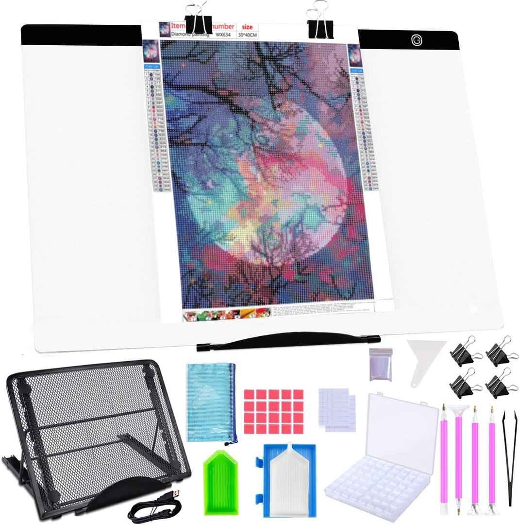 A2 Diamond Painting LED Light Pad Kit, 5D Diamond Painting Accessories Tool Kit Full Drill for Adults, Supplies Includes Storage Case, Pens,Stand,Pad Board and More