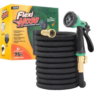Flexi Hose Expandable Garden Hose with 8 Function Nozzle, 75FT - Lightweight Retractable Garden Hose, Water Hose - No-Kink Flexibility, 3/4 Inch Solid Brass Fittings and Double Latex Core (Black)