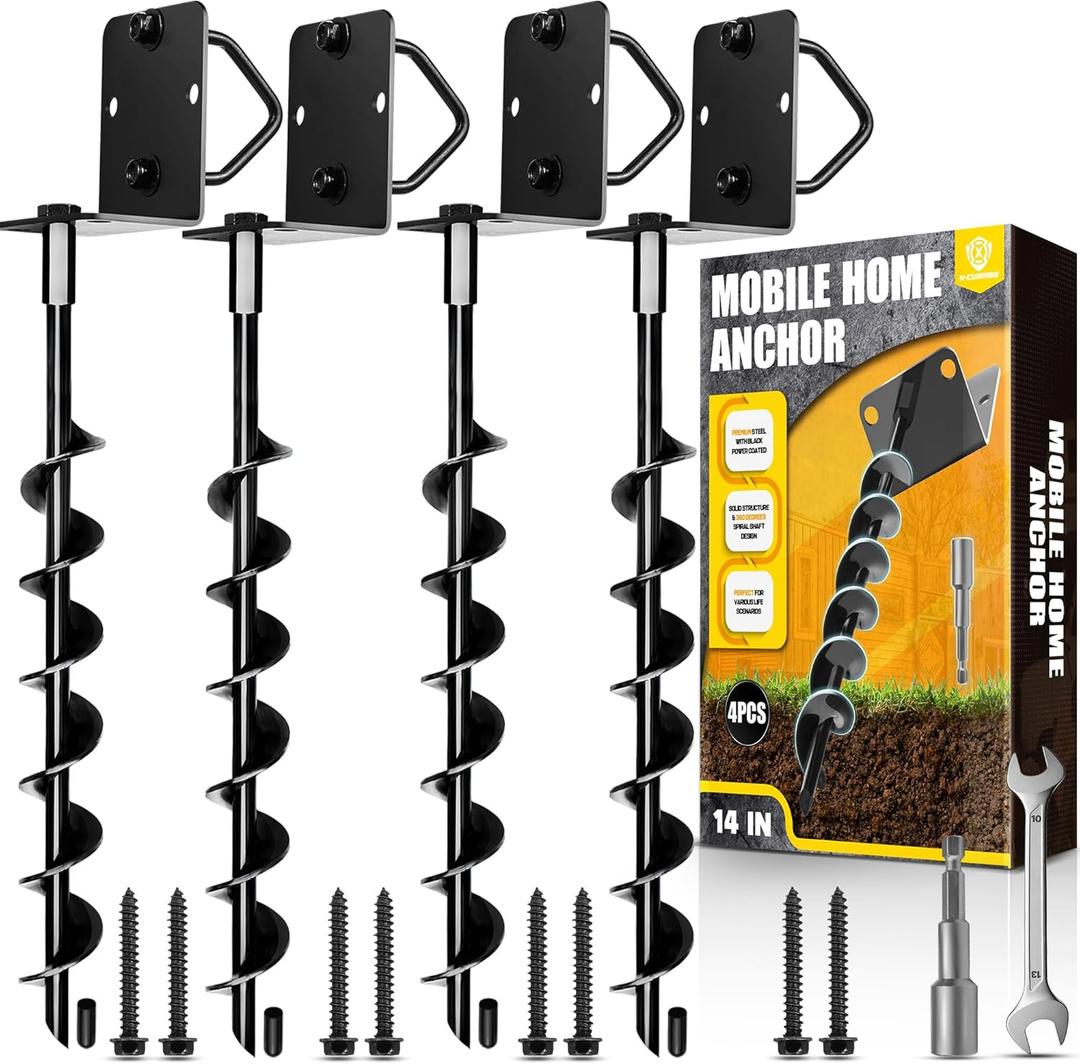 [UPGRADED] 14 Full Spiral Blade Mobile Home Anchor, 4 Pack Ground Anchor Screw in with L-shaped Brackets, U-bolts, Power Nut Driver, Earth Anchors High Wind Heavy Duty for Camping Tents, Swing Sets