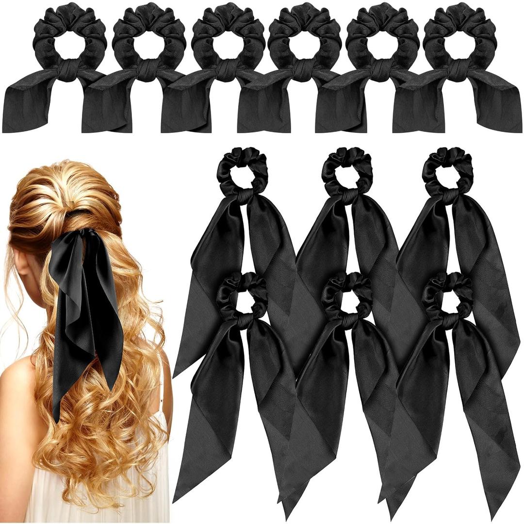 MTLEE 12 Pcs Hair Accessories for Women Hair Bows Scrunchies Scarf Ties Bunny Ears Silk Satin Scrunchies Ribbons Scarf Ties with Bows for Women Lady(Black)