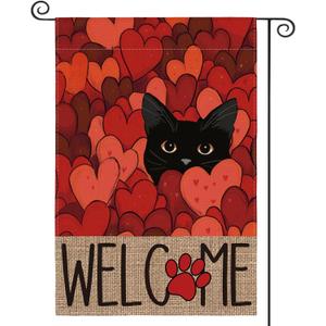 AVOIN color life Valentines Day Garden Flag 12x18 Inch Double Sided Outside, Black Cat Love Hearts Welcome Yard Outdoor Flag