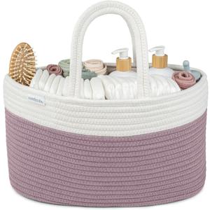 Comfy Cubs Rope Diaper Caddy Organizer 8.5" x 15" x 8" - Large Baby Diaper Basket with 3 Spacious Compartments - Stylish Cotton Baby Caddy Organizer for Diapers, Wipes & Essentials - Mauve