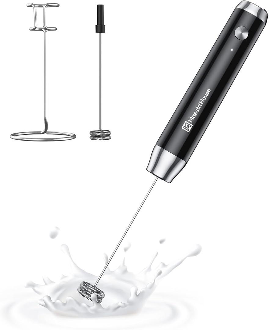 Maestri House Rechargeable Milk Frother with Stand, LunaFro Handheld Electric Foam Maker Waterproof Detachable Stainless Steel Whisk Drink Mixer Foamer for Lattes, Cappuccino (Black)